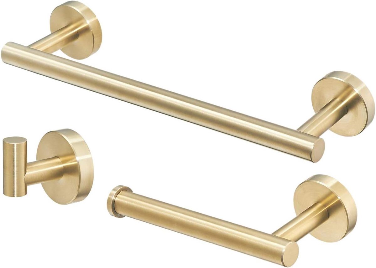 Allecto Premium - Toilet accessoires set | Geborsteld goud | Roestvrij staal | Badkamer | 3-in-1 houder | Handdoekhaak | WC-papier