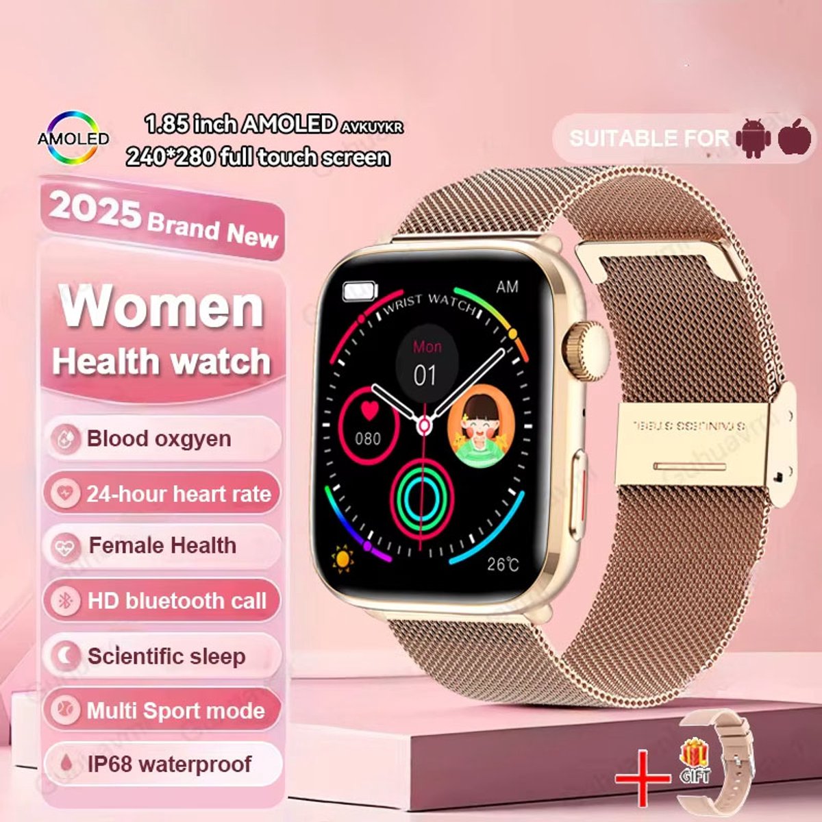 Slimme Smartwatch Dames Goud AMOLED Scherm, NFC,