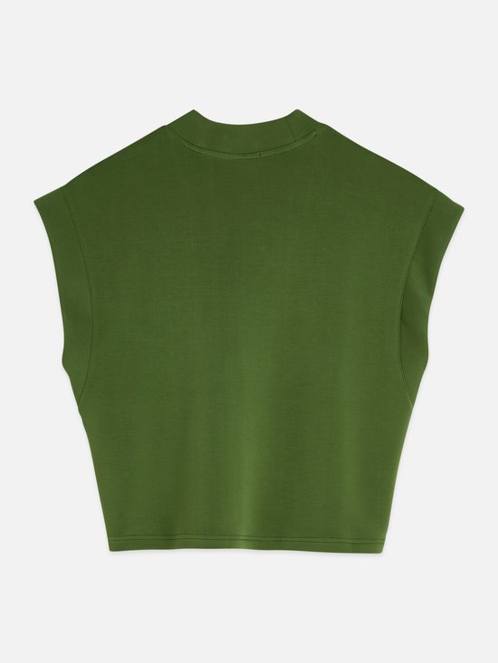 Sweatshirt vert sans manches à col montant, coupe décontractée.