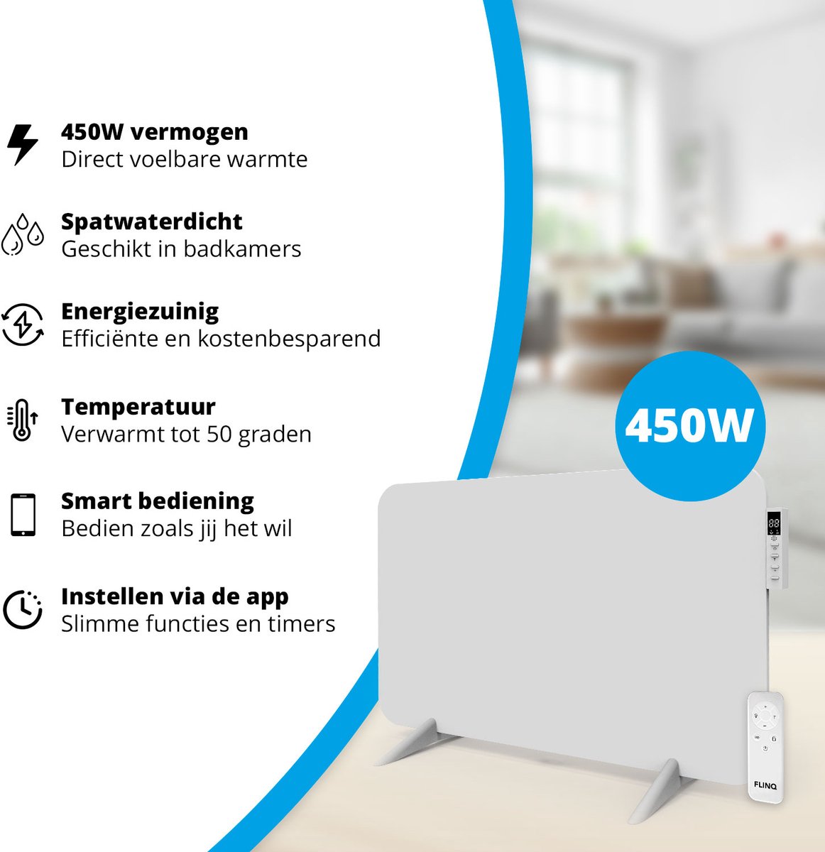 FlinQ Slimme Infrarood Verwarming - Elektrische Verwarmingspaneel - Moderne Kachel - Geschikt voor Badkamer - Staand & Verplaatsbaar - Met Thermostaat - Wit Paneel - 450 W – foto 8