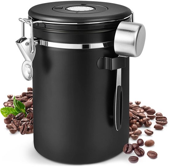 Koffieblik luchtdicht, 500 ml koffiebonenhouder met houten deksel, voorraaddoos koffie rond, koffieblik voor gemalen koffie, koffiecapsules, thee-noten, keukenvoorraaddozen (zwart