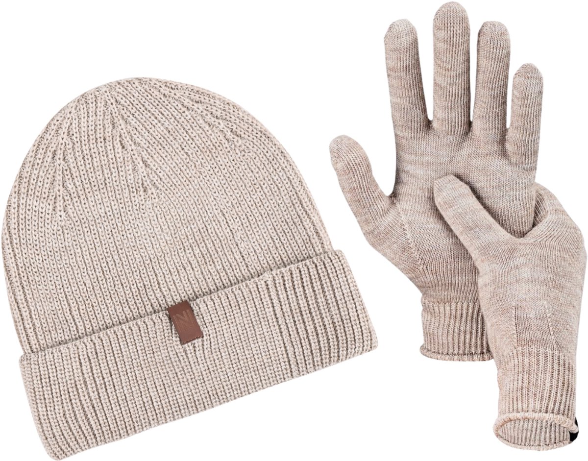 Norfolk - 70% Merino wol Muts en Handschoenen Set - Premium Gebreide - Wintersport Muts - Warme Mutsen - Wintermuts - Cadeauset - Beige - L/XL - Norwick+Bibury