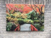 Buitencanvas op houten frame gespannen - 75x100x2 cm - rode Japanse brug - tuin decoratie - tuinposter - tuinposters buiten - tuinschilderij