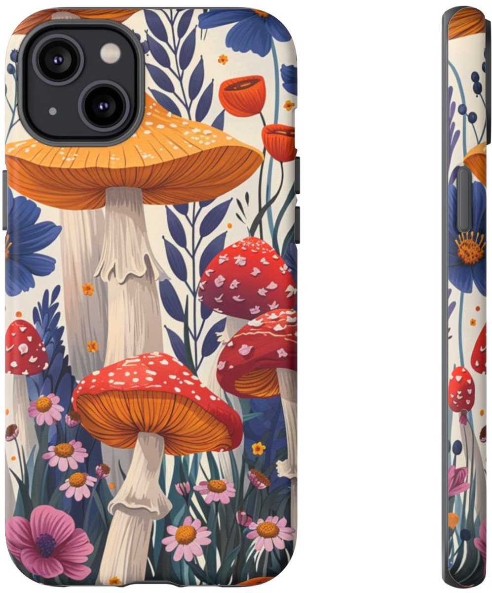 Vrolijke Paddenstoelen en Bloemen – Telefoonhoesje Geschikt voor iPhone 14 Plus