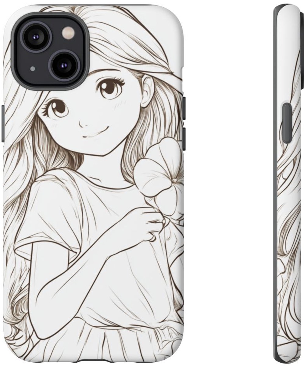 Meisje met Winde Bloemen Lijntekening – Telefoonhoesje Geschikt voor iPhone 14 Plus