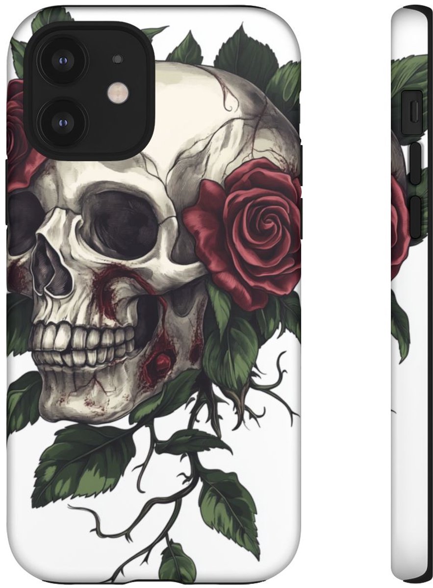 Schedel met Rode Rozen en Groene Bladeren – Telefoonhoesje Geschikt voor iPhone 12