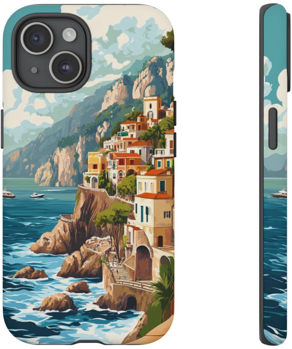 Retro Illustratie van de Amalfikust – Telefoonhoesje Geschikt voor iPhone 15