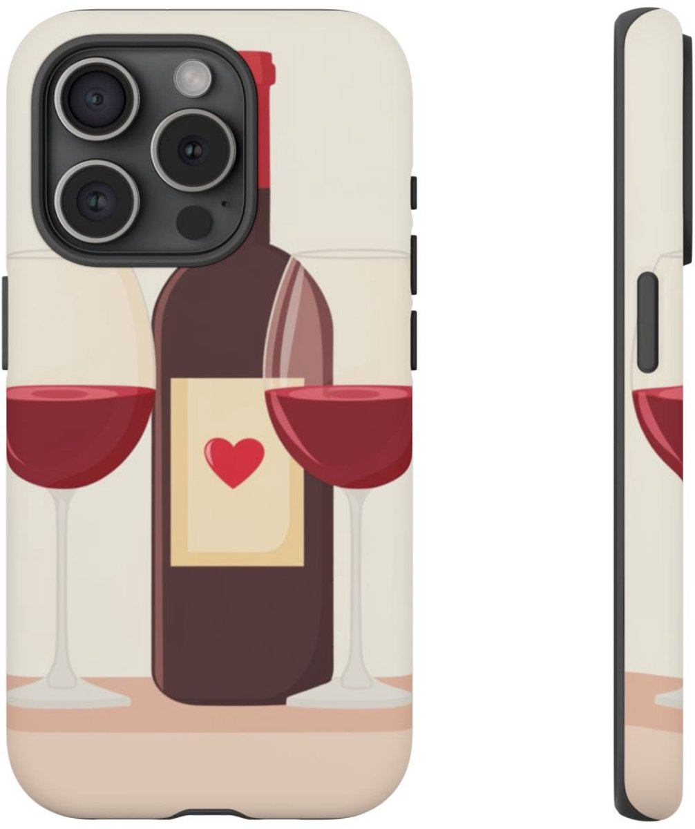 Rode Wijnfles en Twee Glazen Illustratie – Telefoonhoesje Geschikt voor iPhone 15 Pro