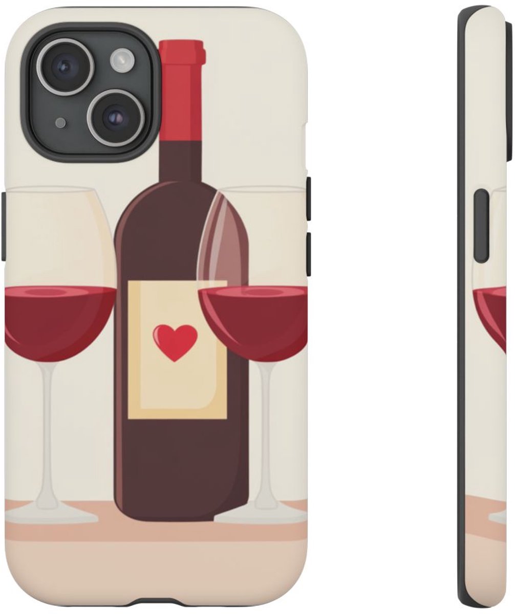 Rode Wijnfles met Twee Glazen – Telefoonhoesje Geschikt voor iPhone 15
