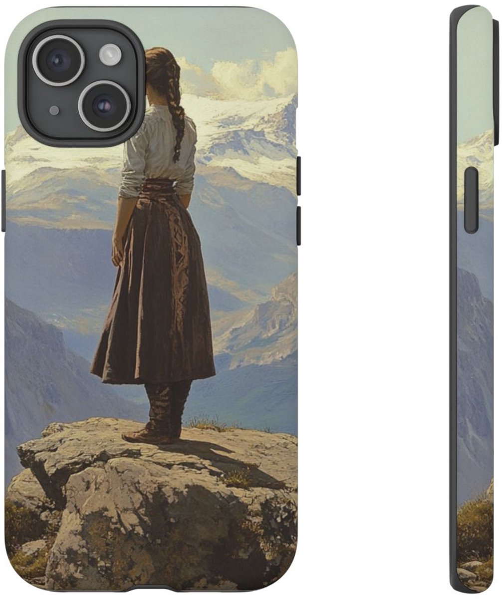 Meisje op een Rots in de Bergen – Telefoonhoesje Geschikt voor iPhone 15 Plus