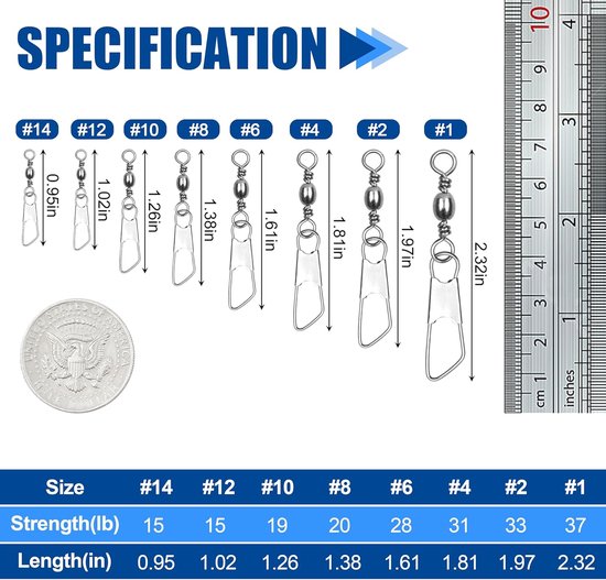 Visvat Wartels Snaps, 100 stuks Snap Swivels Visgerei Leader Lijn Lure Connector Accessoires Hoge Sterkte Massieve Ringen voor Zoutwater Zoetwater, Zwart (#14) van Merkloos — afbeelding 3