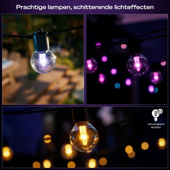 Draad met ronde lampen, sommige met wit, roze of paars licht, deels onzichtbaar.