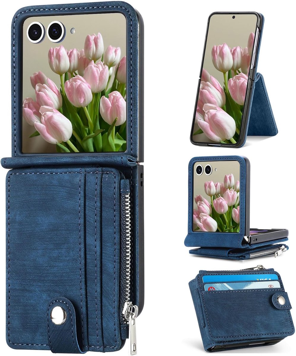 Zandarix Geschikt voor Samsung Galaxy Z Flip 7 - PU-leren - Kaartenvak - Klaphoes - Back Cover Hoesje - Blauw
