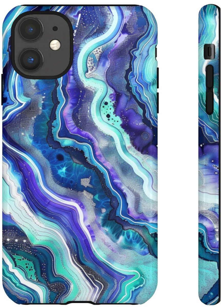 Blauw en Turquoise Geode Wervelpatroon – Telefoonhoesje Geschikt voor iPhone 11