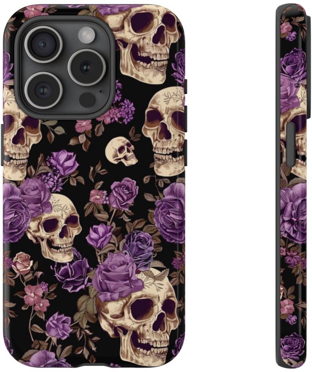 Paarse Rozen en Schedels Patroon – Telefoonhoesje Geschikt voor iPhone 15 Pro