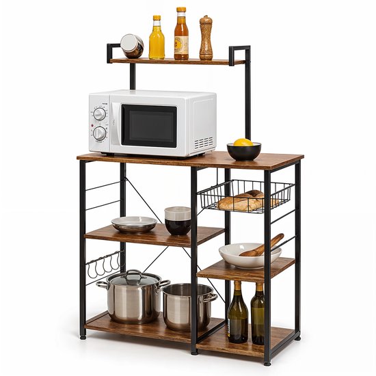 Goliving Armoire de Cuisine - Étagère de Cuisine sur Pied - Armoire à Micro-Ondes - Organisateur - Métal - Bois - 90 x 40 x 132 cm - Marron