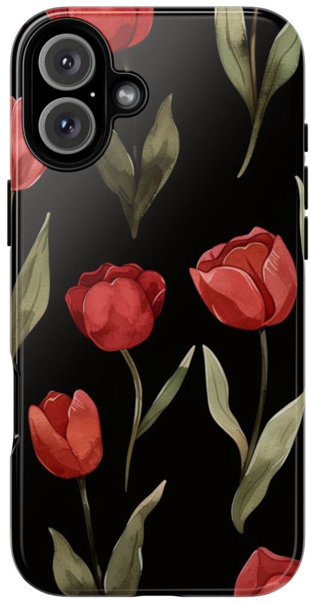 Rode Tulp Bloemenpatroon – Telefoonhoesje Geschikt voor iPhone 16 Plus