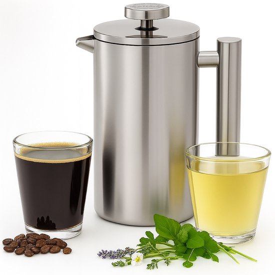 Presse française - cafetière / théière avec filtre - double paroi en acier inoxydable avec filtre à thé pour thé en vrac ou café moulu - 1 litre