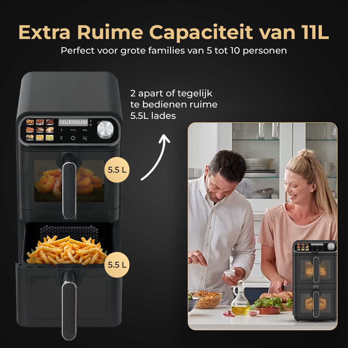 Afbeelding 2 van Home Vibes® Airfryer XXL – Gestapelde Lades - Heteluchtfriteuse - 2460W – 11L Air Fryer – LED Display met 9 Kookprogramma’s – Dubbele Airfryer – Met Extra Accessoires - Mat Zwart