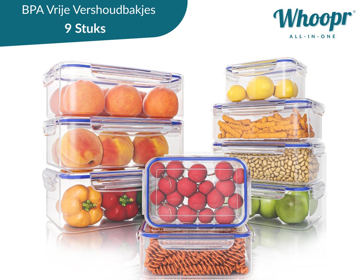 Vershoudbakjes 9 stuks – 18-delige Set - 9 Luchtdichte Containers met 9 Lekvrije Deksels – Kunststof - BPA-vrij, Microgolfovenbestendig - Diepvriesbakjes – Stapelbaar, Keukenopslag, Pantry Boxen, Meal Prep, Vershoud bakjes