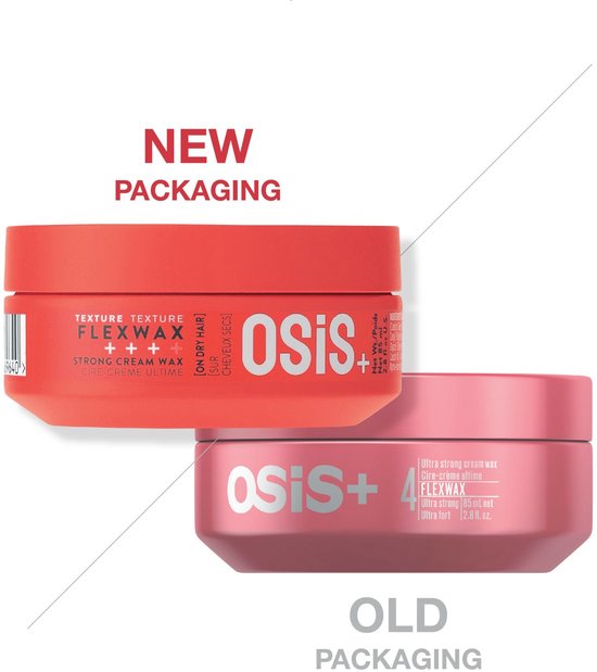 Nouveau packaging : OSIS+ Flexwax, cire crème forte en pot orange. Ancien packaging : OSIS+ Flexwax, cire crème forte en pot rose.