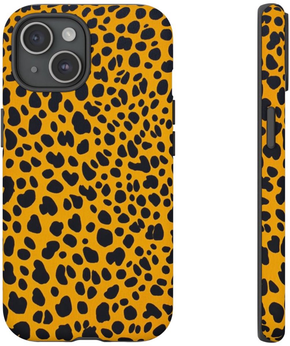 Abstracte Zwarte Vlekken op Oranje Achtergrond – Telefoonhoesje Geschikt voor iPhone 15
