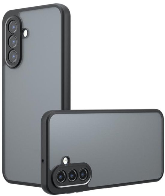 Zwarte telefoonhoesjes op een witte achtergrond, één rechtop en één plat.