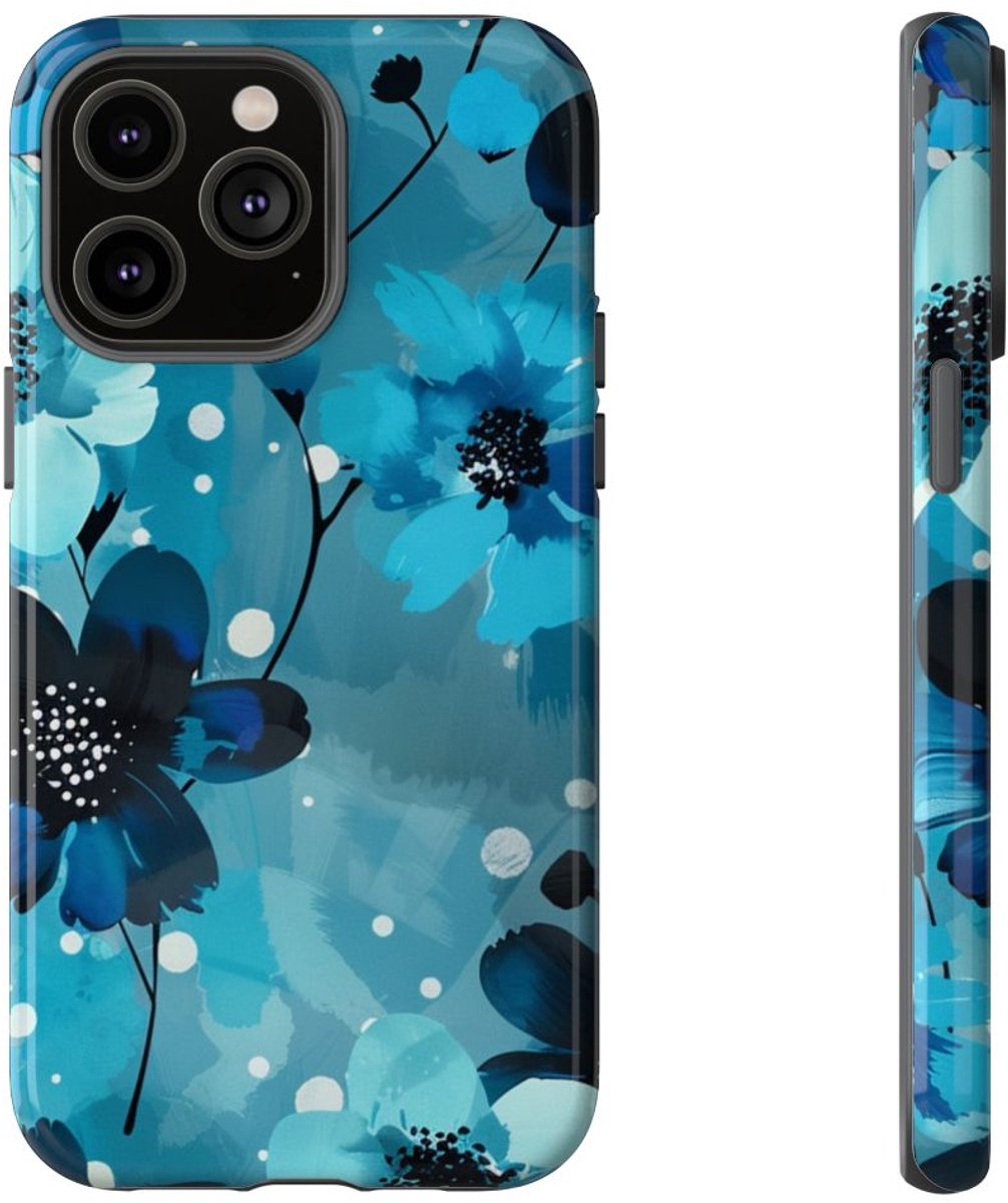 Blauw Bloemenpatroon met Stippen – Telefoonhoesje Geschikt voor iPhone 14 Pro Max