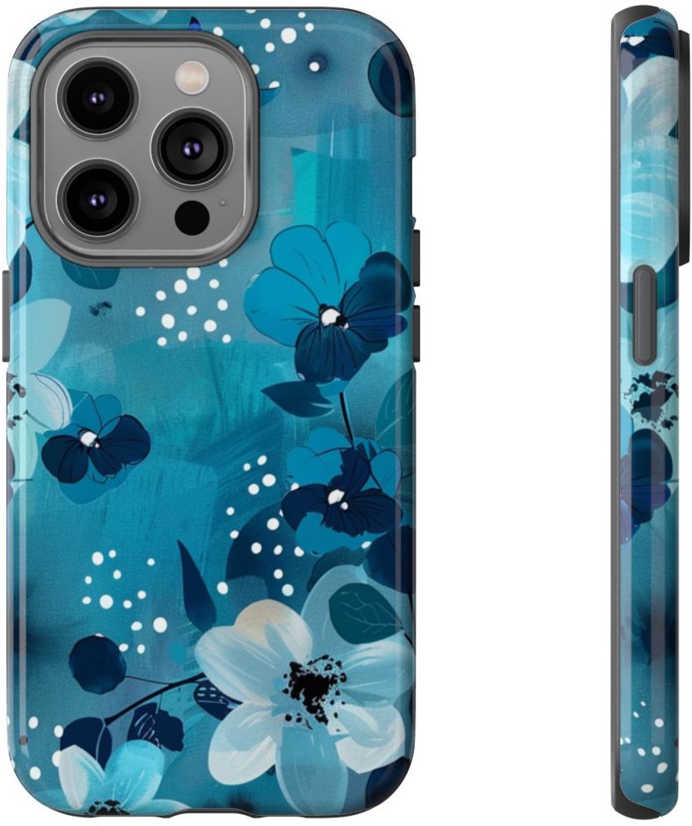 Turquoise Bloemenpatroon met Stippen – Telefoonhoesje Geschikt voor iPhone 14 Pro
