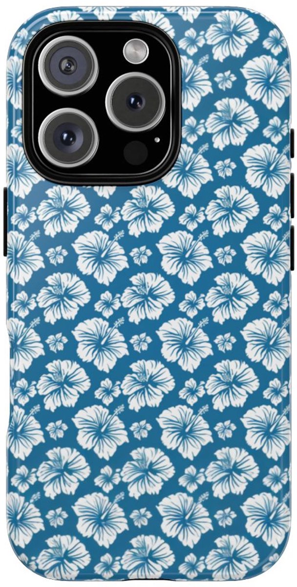 Wit Hawaïaans Bloemenpatroon op Blauw – Telefoonhoesje Geschikt voor iPhone 16 Pro