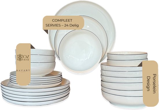 Services de table 24 pièces en porcelaine Oz HOME Bavaria Collection – Pour 6 personnes – Wit avec bord fin – Compatible micro-ondes et lave-vaisselle – Ensembles de service