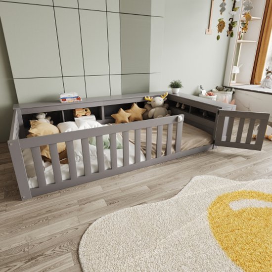 Kinderbed 90 x 200 cm, houten bedframe met rand en deur, wit (zonder