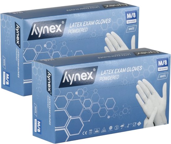 Twee dozen witte Kynex latex onderzoekshandschoenen, maat M/8, poeder. Illustratie van witte handschoenen.