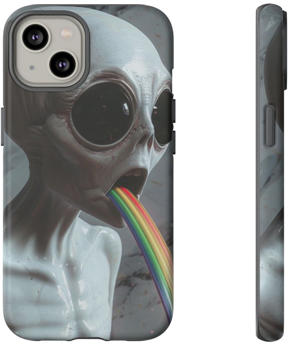 Grijze Alien met Regenboogstraal – Telefoonhoesje Geschikt voor iPhone 14