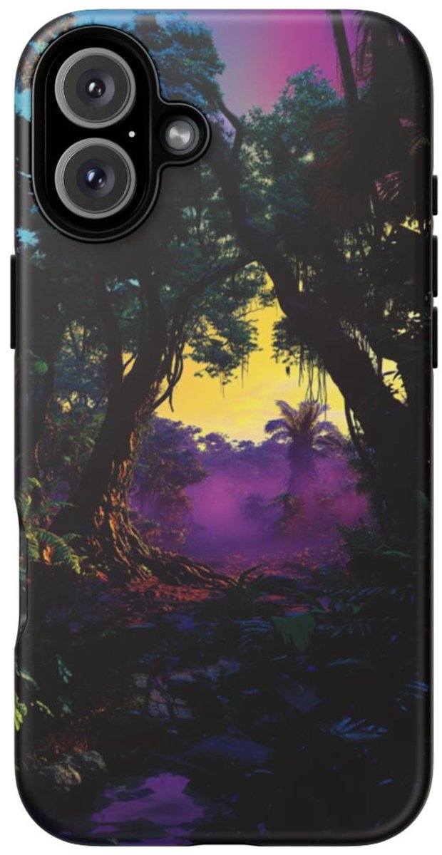 Sprookjesachtige Jungle Zonsondergang – Telefoonhoesje Geschikt voor iPhone 16 Plus