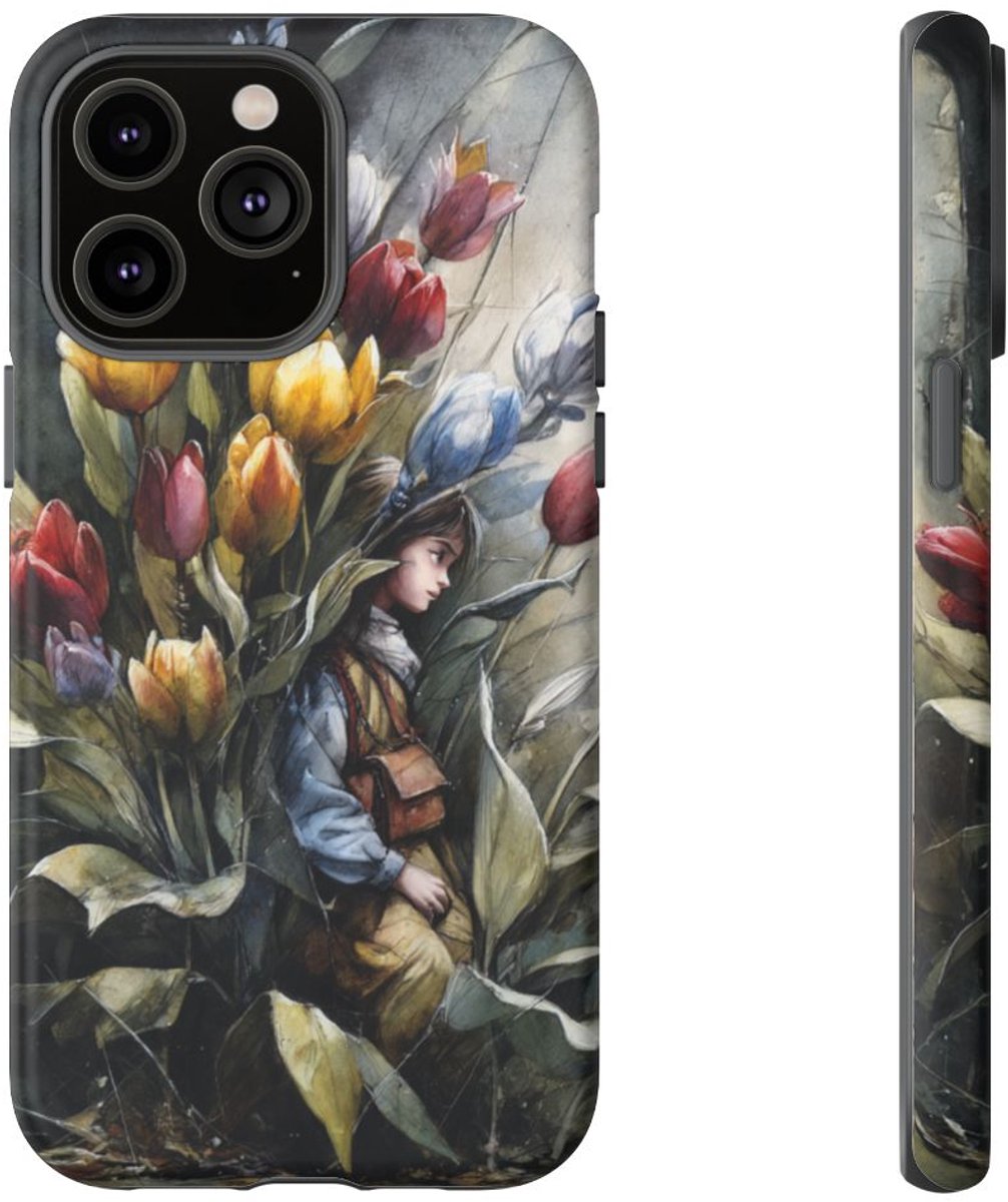 Meisje Tussen Kleurrijke Tulpen – Telefoonhoesje Geschikt voor iPhone 14 Pro Max