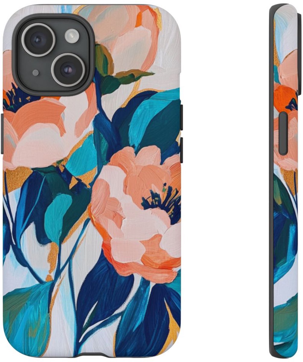 Abstracte Perzikbloemen met Blauwe Bladeren – Telefoonhoesje Geschikt voor iPhone 15