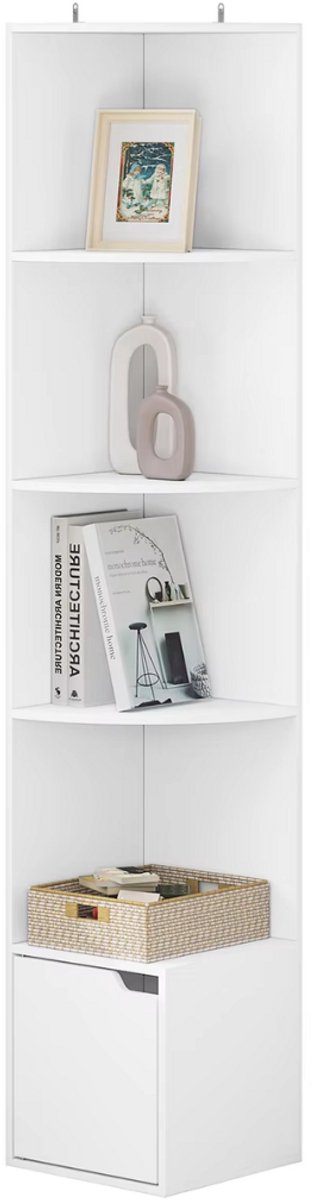Boekenkast met 5 Lagen - Voor Woonkamer, Kantoor of Studeerkamer - Staande Hoekkast met Opbergruimte en Deurtje - Wit MDF