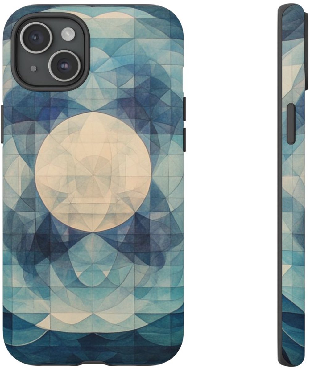 Geometrisch Kleurenspel van Zee en Maan – Telefoonhoesje Geschikt voor iPhone 15 Plus