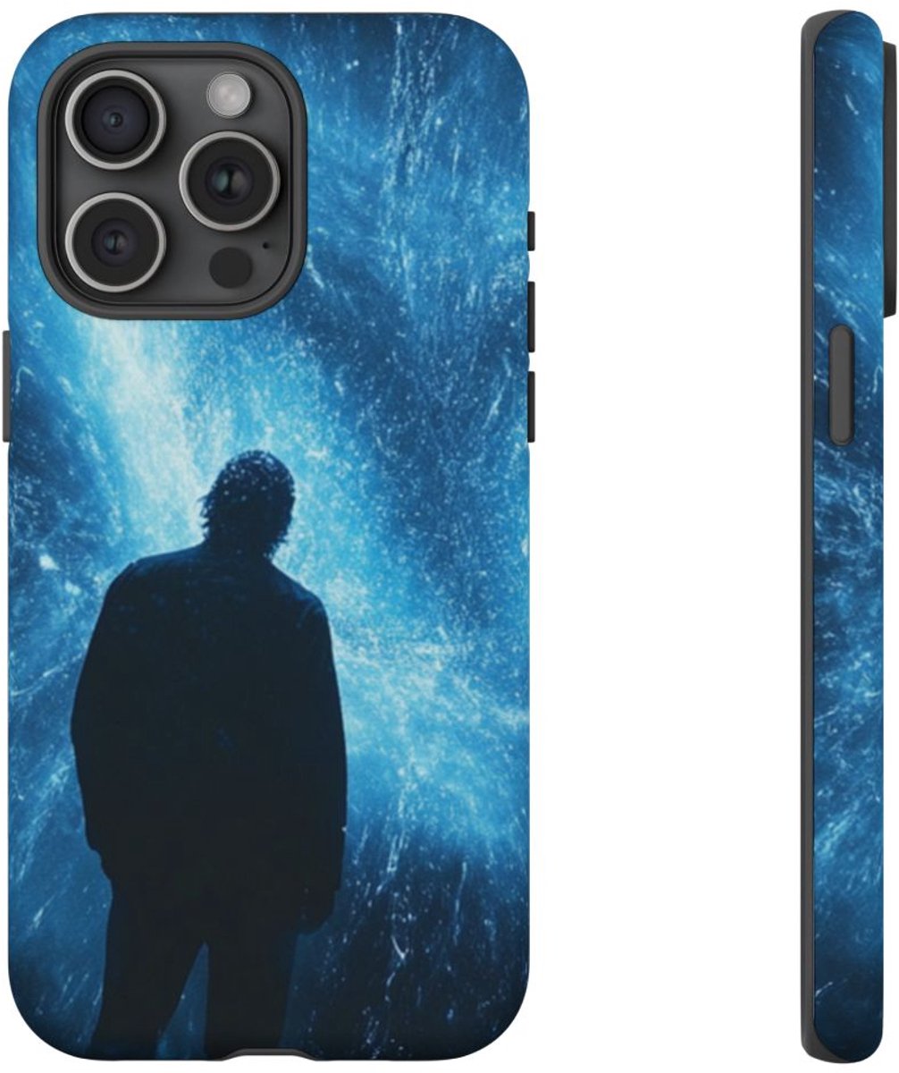 Silhouet met Blauwe Lichtflits – Telefoonhoesje Geschikt voor iPhone 15 Pro Max