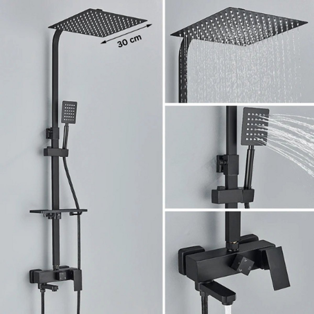 QPFO® 3-in-1 Regendouche met Thermostaatkraan - 30 cm Douchekop - Verstelbare Handdouche met Slang - Inclusief Plankje - Zwart