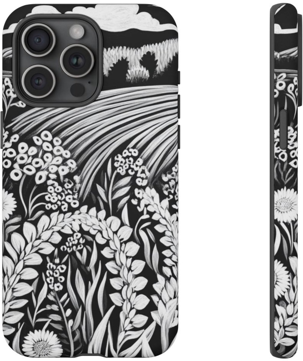 Zwart-Wit Folklore Bloemenveld – Telefoonhoesje Geschikt voor iPhone 15 Pro Max