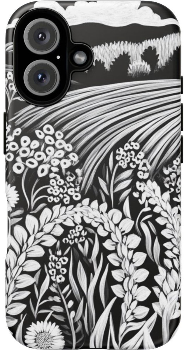 Zwart-Wit Folklore Bloemenlandschap – Telefoonhoesje Geschikt voor iPhone 16