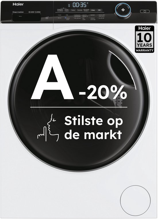 Haier HW80-B14959U1DF - La machine à laver la plus silencieuse du marché - 8 kg - A-20 % - Traitement vapeur et rafraîchissement - Traitement antibactérien (ABT) - 16 programmes - Garantie 10 ans sur les pièces