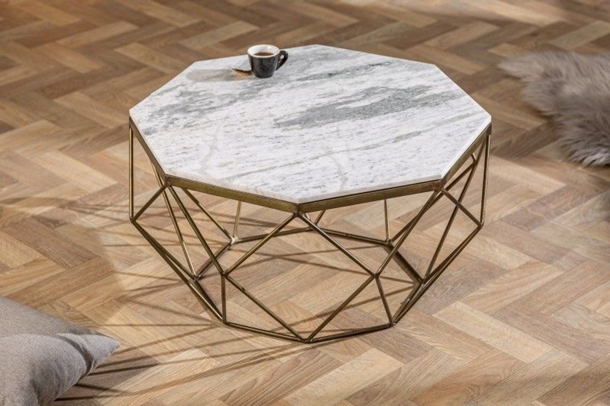 Invicta Interior Elegante salontafel DIAMOND 70cm wit messing met marmeren blad - 40393 Zie omschrijving