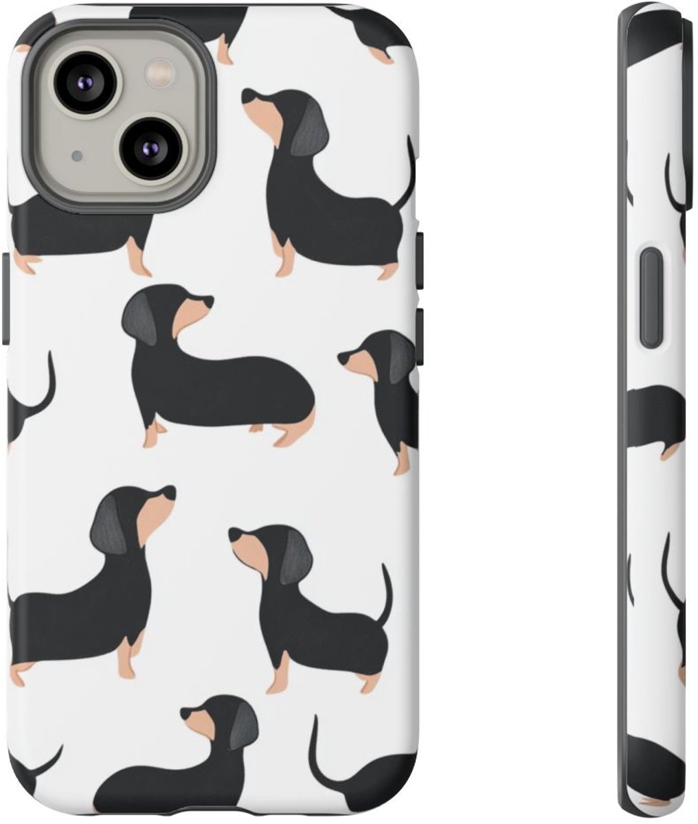 Minimalistisch Zwart en Bruin Teckelpatroon – Telefoonhoesje Geschikt voor iPhone 14
