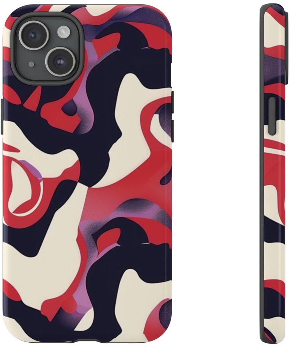 Abstract Rood-Zwart-Crème Patroon – Telefoonhoesje Geschikt voor iPhone 15 Plus