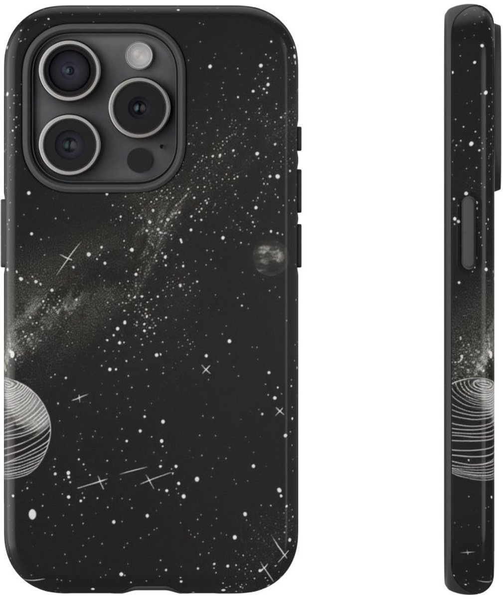 Monochrome Illustratie van het Zonnestelsel – Telefoonhoesje Geschikt voor iPhone 15 Pro