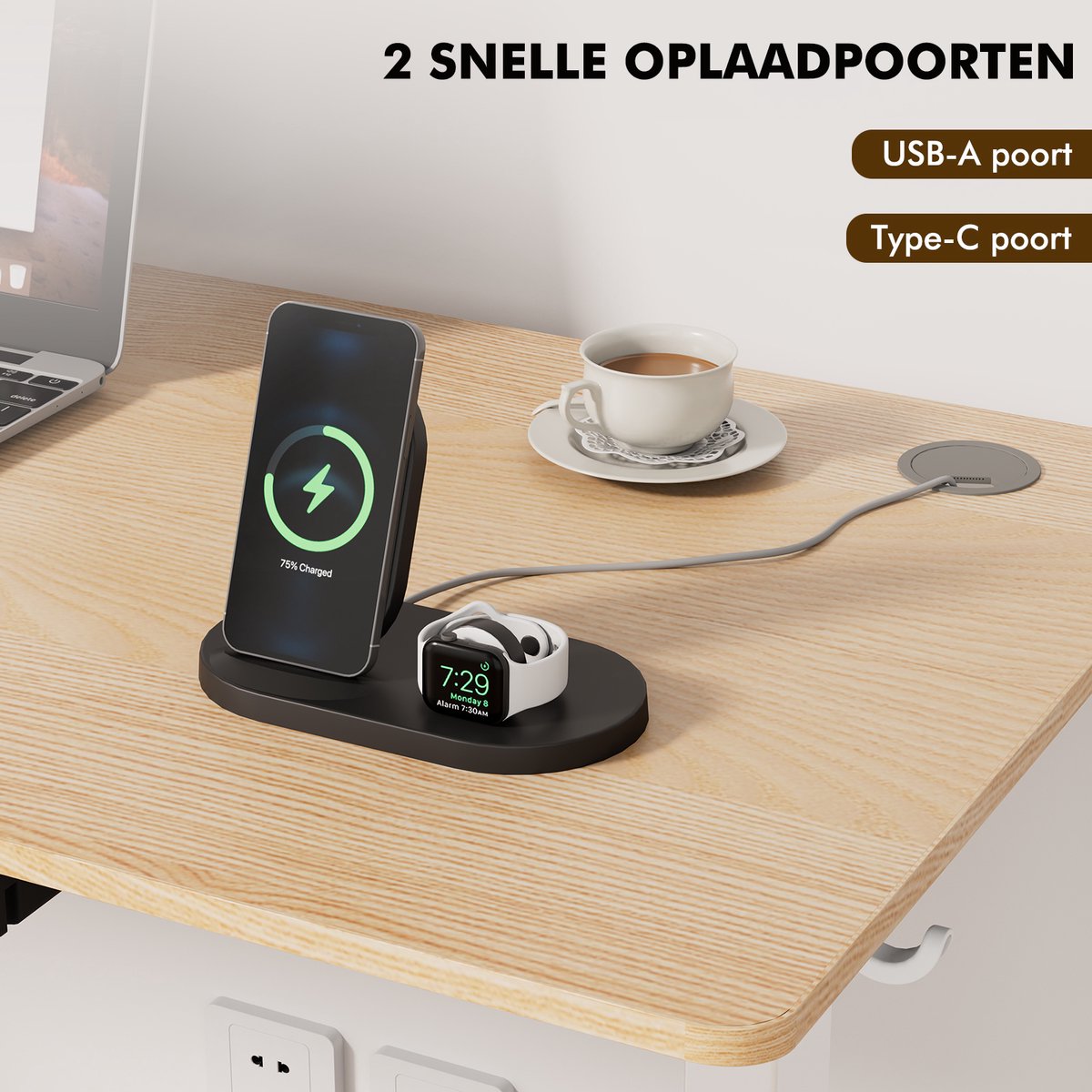 Zit-sta bureau elektrisch verstelbaar 120x60cm, Geheugenfunctie en anti-botsing, USB-A en TYPE C Poorten, Verstelbare Hoogte