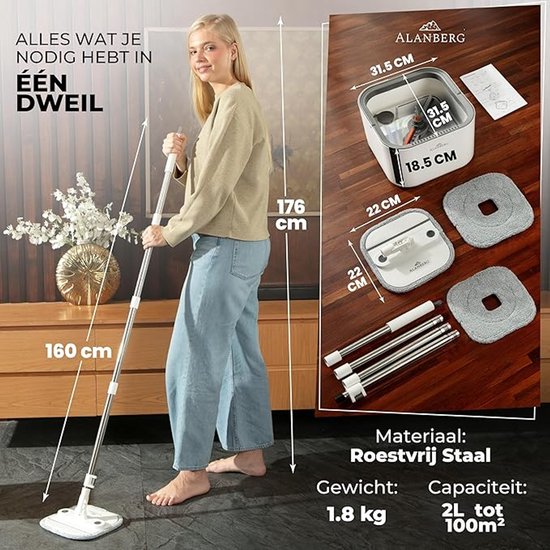 Ensemble de serpillière ALANBERG® Gen 2 avec seau – Séparation Water sale/eau propre – Wit